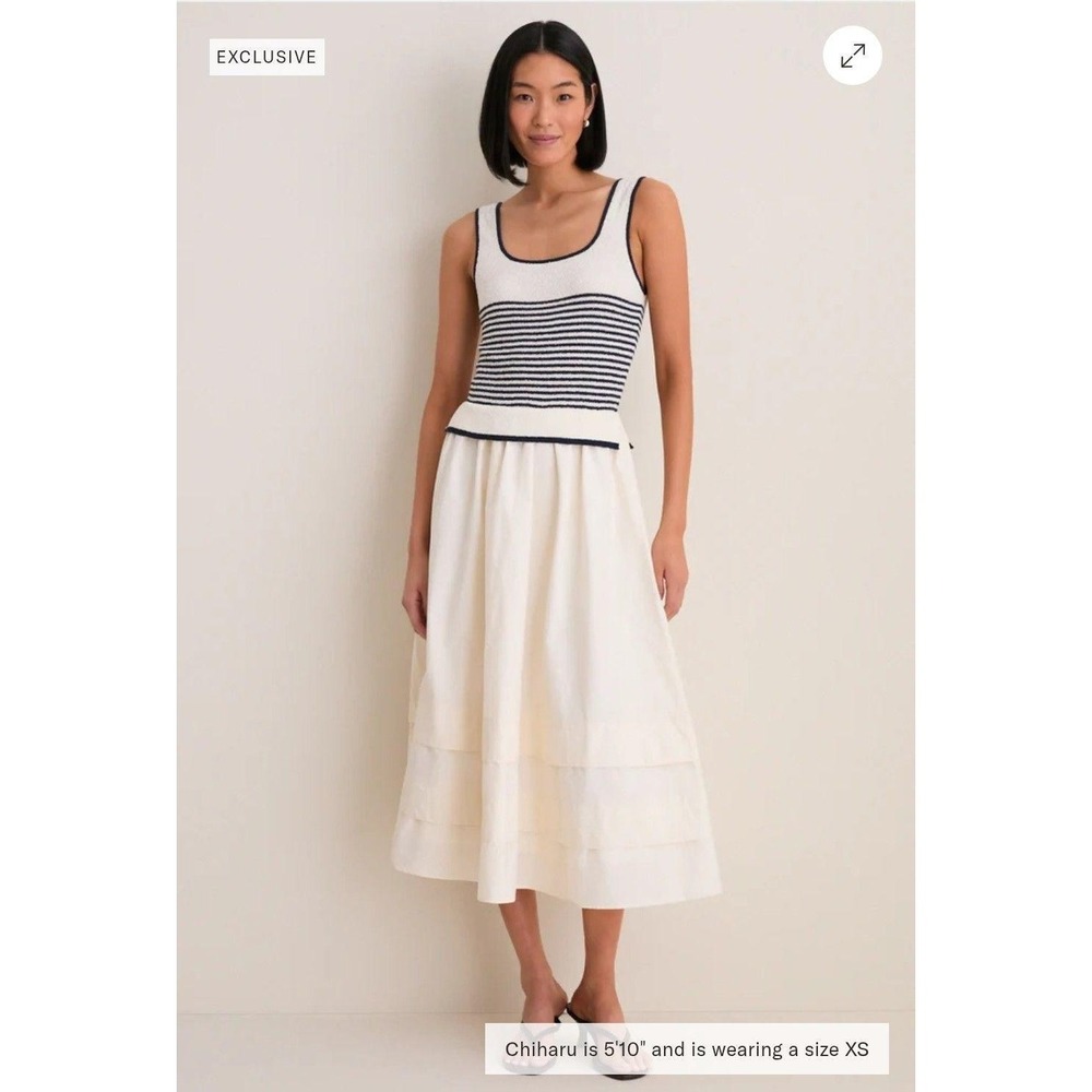 Moon River Cream and Navy Striped Midi Dress